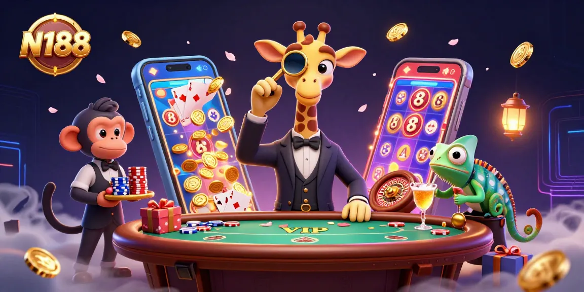 N188 brings excitement with a high-roller giraffe at a lively poker table, showcasing vibrant casino gaming.