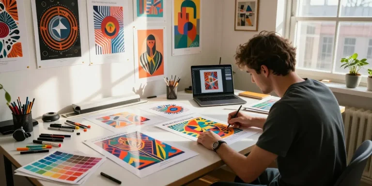 Designer reviewing custom poster printing designs in a creative workspace.