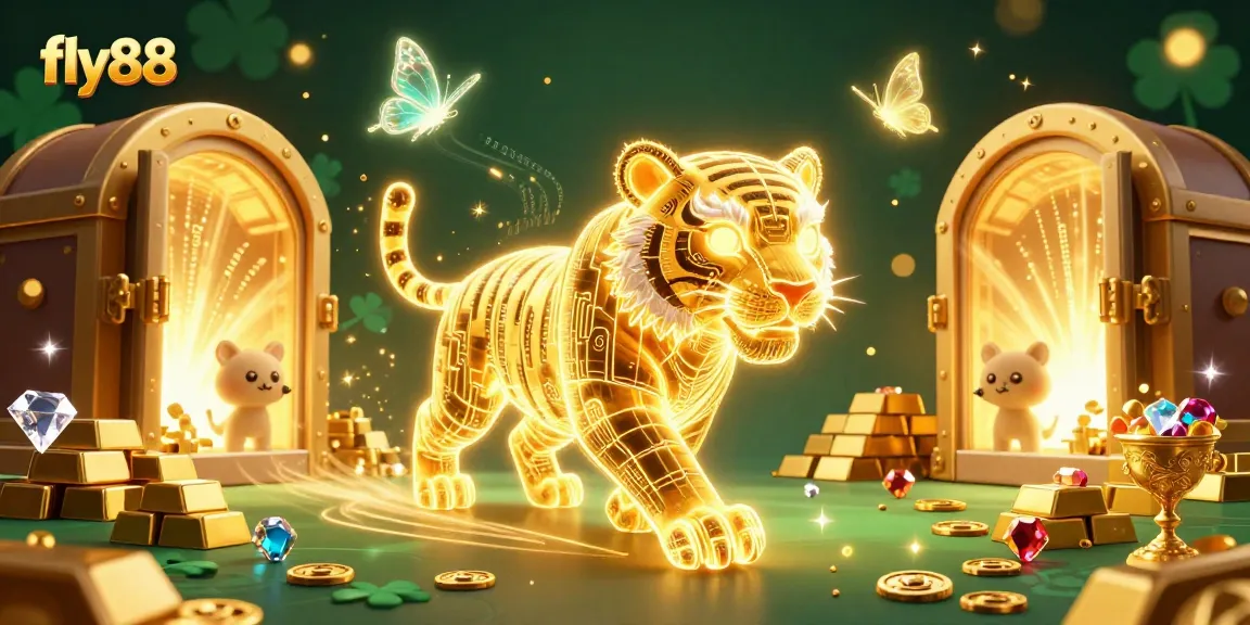 Experience the excitement of fly88 in a vibrant digital casino with a neon golden tiger and treasures.