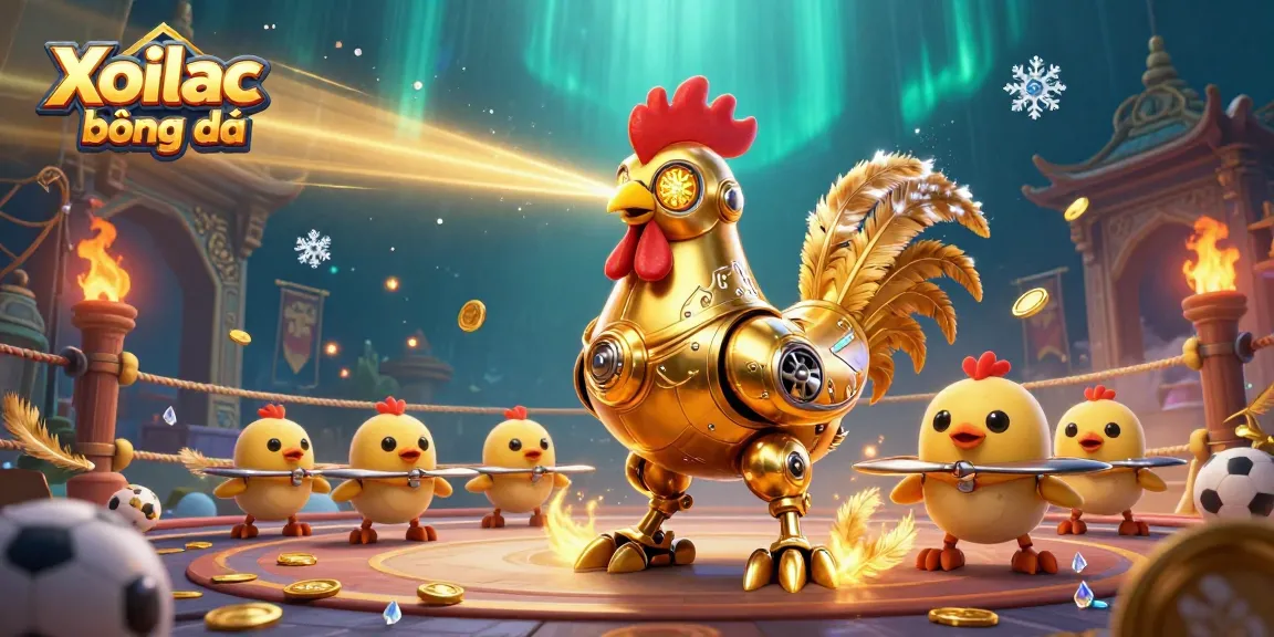 Xoilac bóng đá features a retro-futuristic golden rooster robot battling in a vibrant sports betting scene.