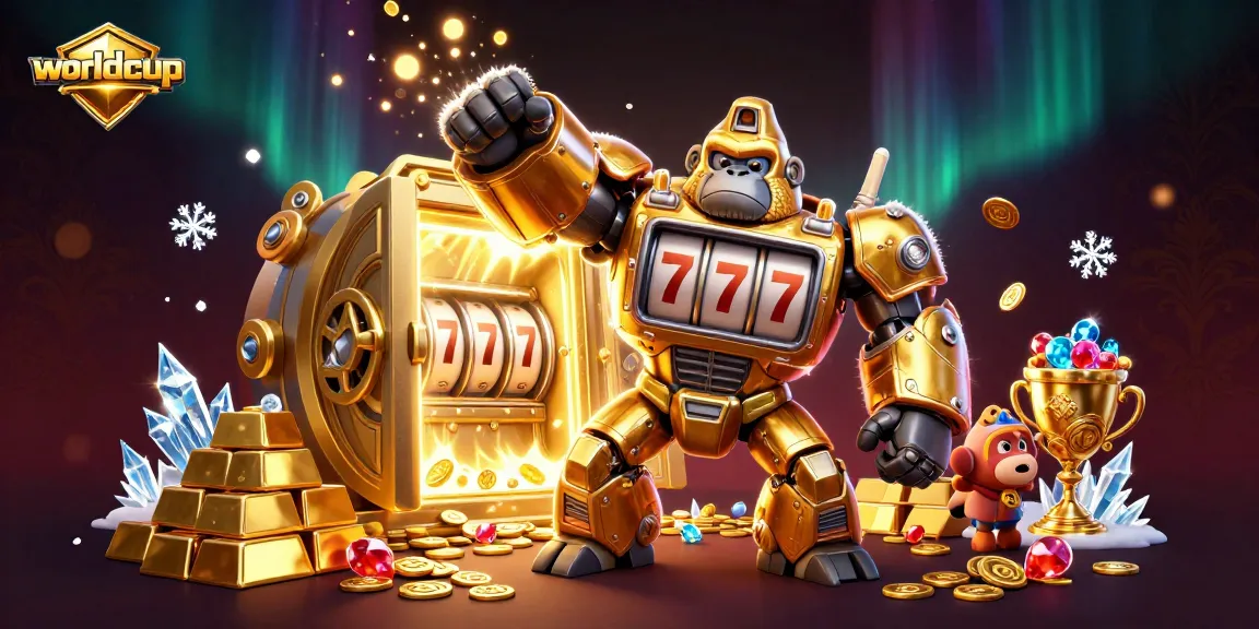 Experience the worldcup excitement with a golden gorilla mech and treasure in this vibrant casino scene.